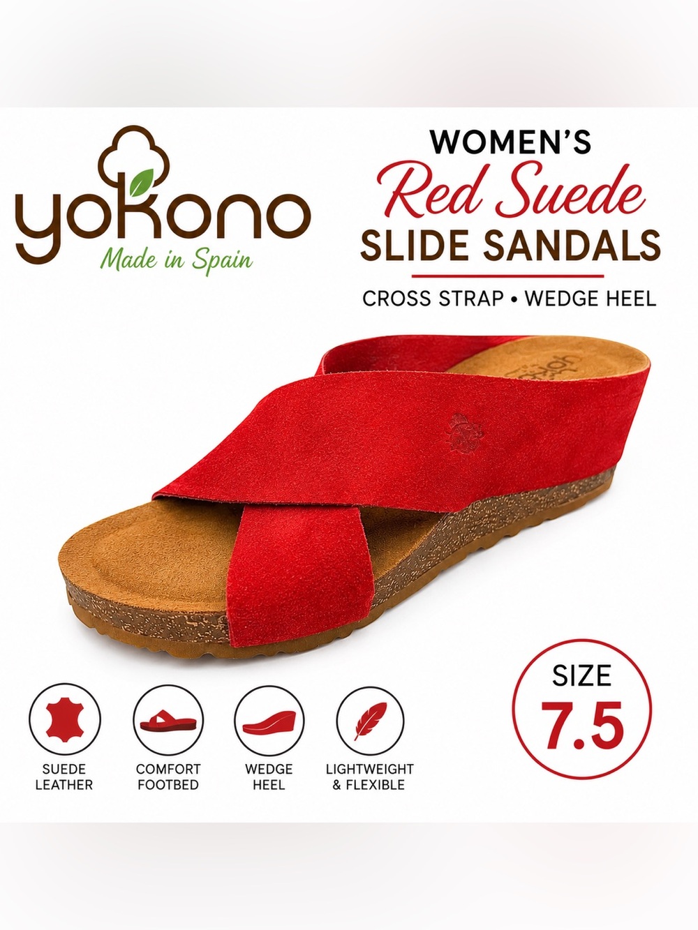 Yokono Women’s Red Leather Slide Sandals Cross Strap Wedge Heel Size 7.5